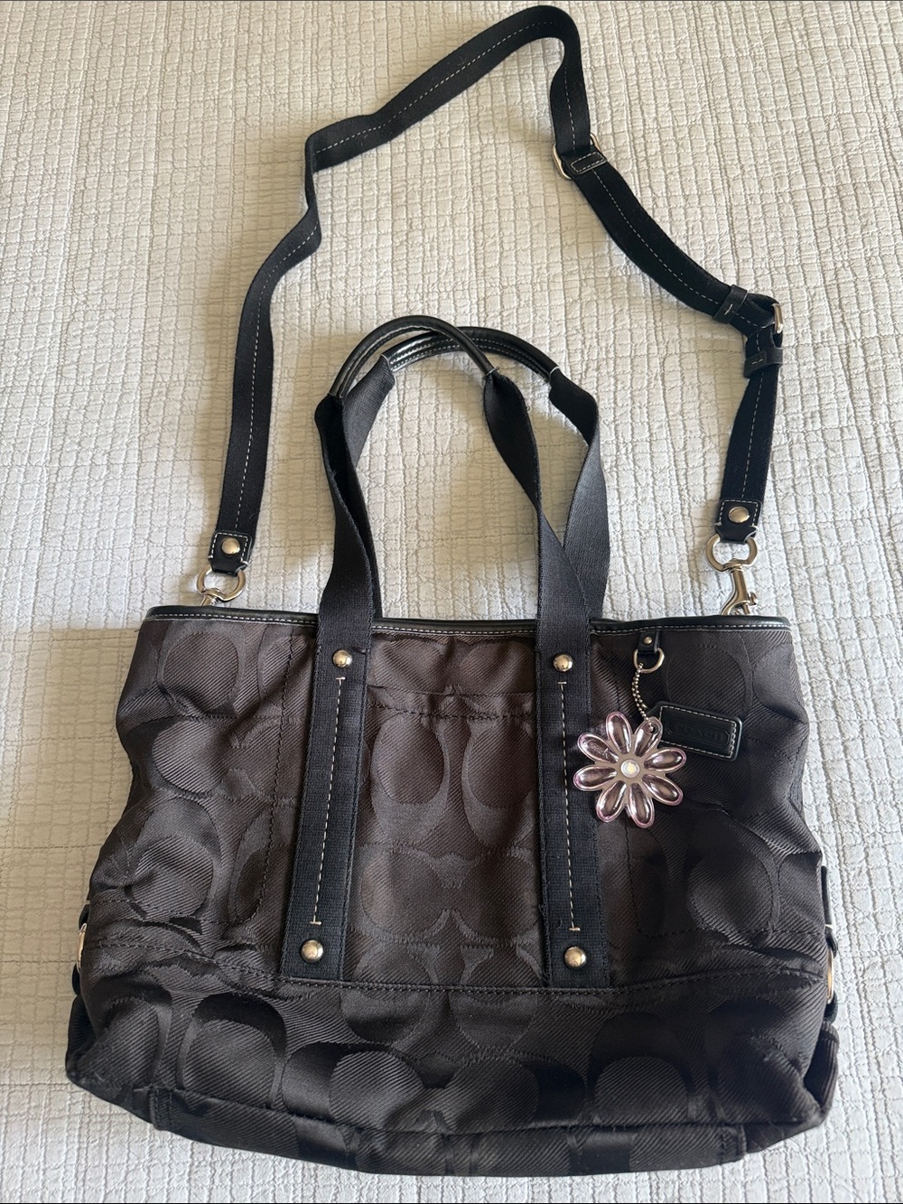 Coach black Signature Shoulder Tote with Flower Charm